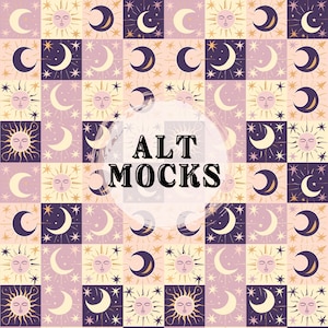 Puede incluir: Un patrón sin costuras con un diseño repetitivo de soles y lunas en un patrón de tablero de ajedrez. Los soles y las lunas son amarillos y blancos sobre un fondo morado. El patrón está lleno de pequeñas estrellas blancas.