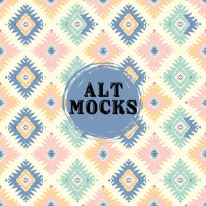 May include: A seamless pattern with a geometric design in shades of blue, pink, yellow, and green. The pattern is repeated throughout the image. The text "ALT MOCKS" is written in black on a blue circle with a white outline.