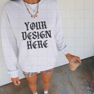 White Gildan 18000 Sweatshirt Mockup G18000 Lifestyle Mock Streetwear Mock up Pinterest Aesthetic Influencer Mockup Trendy Oversized Y2k G18