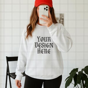 White Gildan 18000 Sweatshirt Mockup G18000 Lifestyle Mock Streetwear Mock up Pinterest Aesthetic Influencer Mockup Trendy Oversized Y2k G18