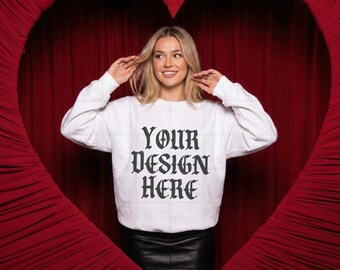 White Gildan 18000 Sweatshirt Mockup Valentines Day G18000 Lifestyle Mock up Pinterest Aesthetic Influencer Mockup Trendy Oversized Y2k G18