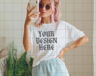White Comfort Colors 1717 Mockup C1717 Lifestyle Mock Tshirt Streetwear Mockup Pinterest Aesthetic Influencer Mockup Trendy Y2k Summer Shirt