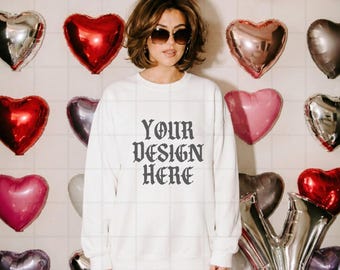 White Gildan 18000 Sweatshirt Mockup Valentines Day G18000 Lifestyle Mock up Pinterest Aesthetic Influencer Mockup Trendy Oversized Y2k G18