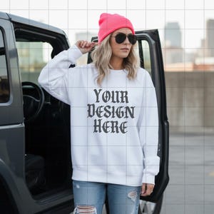 White Gildan 18000 Sweatshirt Mockup G18000 Lifestyle Mock Streetwear Mock up Pinterest Aesthetic Influencer Mockup Trendy Oversized Y2k G18