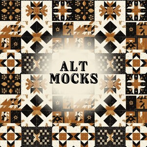 Peut inclure: Un motif géométrique sans couture composé de formes noires, blanches et dorées. Le motif est composé de carrés et de triangles, et il a un aspect vintage. Le texte "ALT MOCKS" est au centre de l'image.