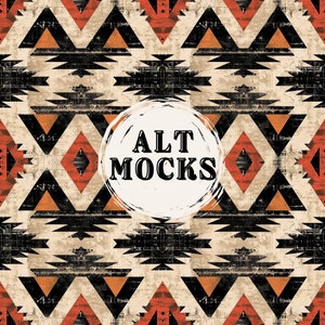 May include: A seamless pattern with a geometric design featuring black, orange, red, and white triangles and diamonds. The pattern has a distressed, vintage look.