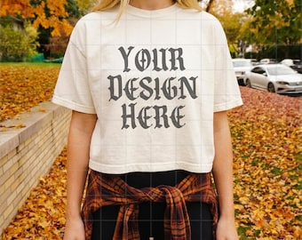 Ivory Comfort Colors Boxy Tee Mockup 3023CL Lifestyle Mock Up 3023 CL Streetwear Pinterest Aesthetic Influencer Trendy Fall Shirt Crop Top