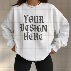 White Gildan 18000 Sweatshirt Mockup G18000 Lifestyle Mock Streetwear Mock up Pinterest Aesthetic Influencer Mockup Trendy Oversized Y2k G18