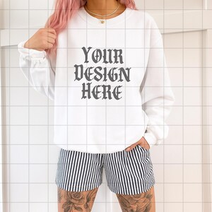 White Gildan 18000 Sweatshirt Mockup G18000 Lifestyle Mock Streetwear Mock up Pinterest Aesthetic Influencer Mockup Trendy Oversized Y2k G18