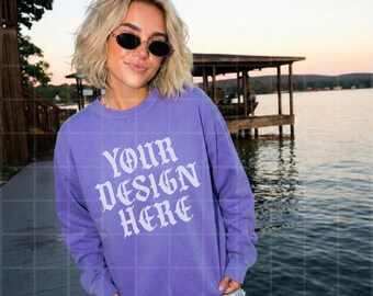 Violet Comfort Colors 1566 Mockup Front Crewneck Sweatshirt Lifestyle Mock Up Streetwear Pinterest Aesthetic Influencer Trendy Y2k Shirt