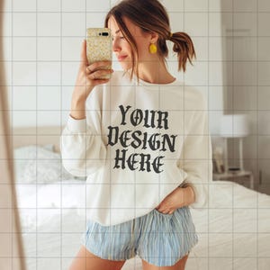 White Gildan 18000 Sweatshirt Mockup G18000 Lifestyle Mock Streetwear Mock up Pinterest Aesthetic Influencer Mockup Trendy Oversized Y2k G18