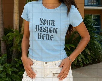 Light Blue Gildan 5000b Mockup Y2K Baby Tee Mockup Lifestyle Mock Up Tshirt Sorority Mockup Pinterest Aesthetic Influencer Mock Trendy Crop
