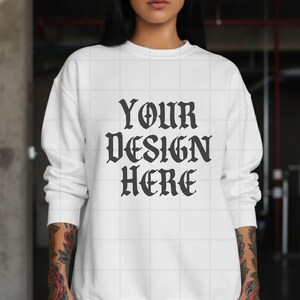 White Gildan 18000 Sweatshirt Mockup G18000 Lifestyle Mock Streetwear Mock up Pinterest Aesthetic Influencer Mockup Trendy Oversized Y2k G18