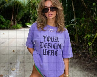 Violet Comfort Colors 1717 Mockup Summer C1717 Lifestyle Mock Up Streetwear Pinterest Aesthetic Influencer Mockup Trendy Y2k Shirt Beach