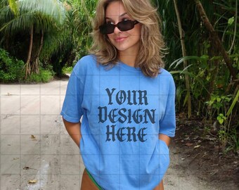 Flo Blue Comfort Colors 1717 Mockup Summer C1717 Lifestyle Mock Up Streetwear Pinterest Aesthetic Influencer Mockup Trendy Shirt Beach Y2K