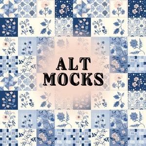 Pode incluir: Um padrão de colcha de retalhos com desenhos florais azuis e brancos e flores cor-de-rosa. O texto "ALT MOCKS" está no centro da imagem.