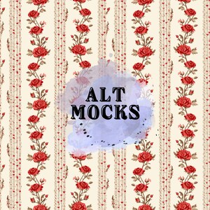 May include: A seamless pattern featuring red roses with green leaves on a white background with thin red and white stripes. The pattern is repeated throughout the image.