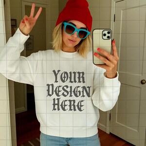 White Gildan 18000 Sweatshirt Mockup G18000 Lifestyle Mock Streetwear Mock up Pinterest Aesthetic Influencer Mockup Trendy Oversized Y2k G18