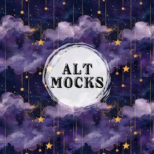 Könnte beinhalten: Lila und blaue Aquarellwolken mit goldenen Sternen und goldener Schnur, die herunterhängt. Der Text "ALT MOCKS" befindet sich in einem weißen Kreis.