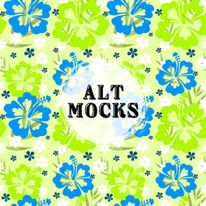 以下が含まれることがあります： 白の花と「ALT MOCKS」という文字が白い円の中に書かれた緑と青のフローラルパターンです。