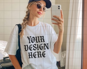 White Comfort Colors 1717 Mockup C1717 Lifestyle Mock Tshirt Streetwear Mockup Pinterest Aesthetic Influencer Mockup Trendy Y2k Summer Shirt
