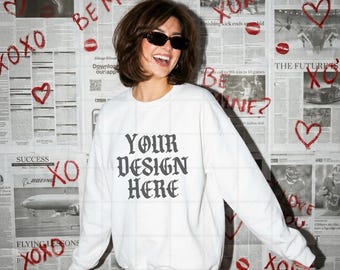 White Gildan 18000 Sweatshirt Mockup Valentines Day G18000 Lifestyle Mock up Pinterest Aesthetic Influencer Mockup Trendy Oversized Y2k G18
