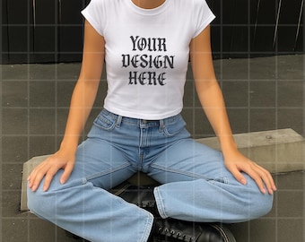 White Gildan 5000b Mockup Y2K Baby Tee Mockup Lifestyle Mock Up Tshirt Streetwear Mockup Pinterest Aesthetic Influencer Mock Trendy Crop Top