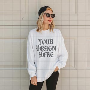 White Gildan 18000 Sweatshirt Mockup G18000 Lifestyle Mock Streetwear Mock up Pinterest Aesthetic Influencer Mockup Trendy Oversized Y2k G18