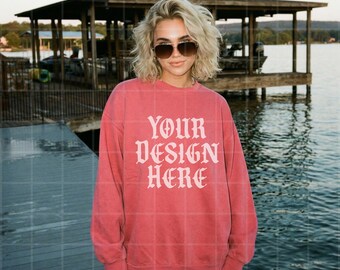 Watermelon Comfort Colors 1566 Mockup Front Crewneck Sweatshirt Lifestyle Mock Up Streetwear Pinterest Aesthetic Influencer Trendy Y2k Shirt