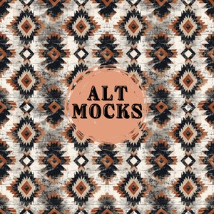 May include: A seamless pattern featuring a geometric design in shades of brown, black, and white. The pattern is reminiscent of Native American art and is set against a white background. The text "ALT MOCKS" is superimposed on the pattern in a circle.