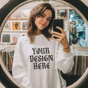 White Gildan 18000 Sweatshirt Mockup G18000 Lifestyle Mock Streetwear Mock up Pinterest Aesthetic Influencer Mockup Trendy Oversized Y2k G18