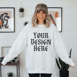 White Gildan 18000 Sweatshirt Mockup G18000 Lifestyle Mock Streetwear Mock up Pinterest Aesthetic Influencer Mockup Trendy Oversized Y2k G18
