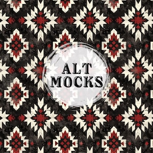 May include: A seamless pattern with a black background and white and red geometric shapes. The pattern is reminiscent of Native American art and design. The text "ALT MOCKS" is superimposed on the pattern.