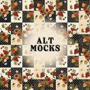 Könnte beinhalten: Ein nahtloses Muster mit einem Patchwork-Design mit schwarzen und weißen karierten Quadraten, weißen Punkten und einem floralen Motiv. Das Blumenmotiv umfasst rote Erdbeeren, grüne Blätter und gelbe Blumen. Das Muster wiederholt sich über das gesamte Bild.