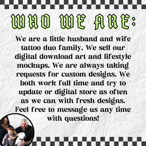 Puede incluir: Texto sobre un fondo crema: "WHO WE ARE:" describe a un matrimonio de tatuadores que venden arte digital y maquetas. Una foto familiar est&aacute; en la esquina inferior izquierda.