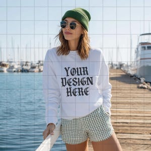 White Gildan 18000 Sweatshirt Mockup G18000 Lifestyle Mock Streetwear Mock up Pinterest Aesthetic Influencer Mockup Trendy Oversized Y2k G18