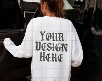 White Gildan 18000 Sweatshirt Mockup Back G18000 Lifestyle Mock Streetwear Mock up Aesthetic Influencer Mockup Trendy Oversized Y2k G18