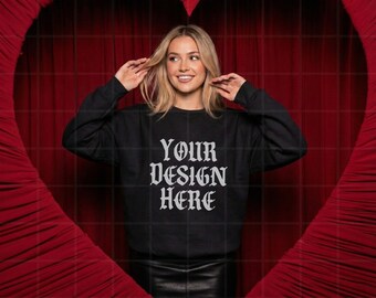 Black Gildan 18000 Sweatshirt Mockup Valentines Day G18000 Lifestyle Mock Mock up Pinterest Aesthetic Influencer Trendy Oversized G180 Model