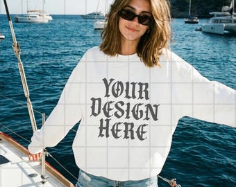 White Comfort Colors 1566 Mockup Crewneck Sweatshirt Lifestyle Mock Up Streetwear Pinterest Aesthetic Influencer Mockup Trendy Y2k Shirt