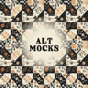 Puede incluir: Una tela con estampado en blanco y negro con un diseño repetitivo de flores y hojas. La tela está dispuesta en un patrón de patchwork. El texto "ALT MOCKS" está en el centro de la imagen.