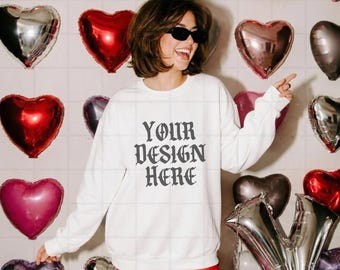 White Gildan 18000 Sweatshirt Mockup Valentines Day G18000 Lifestyle Mock up Pinterest Aesthetic Influencer Mockup Trendy Oversized Y2k G18