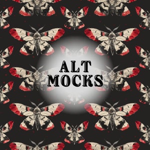 May include: A seamless pattern featuring black and white moths with red accents on a black background. The moths have intricate wing patterns and are arranged in a repeating pattern.