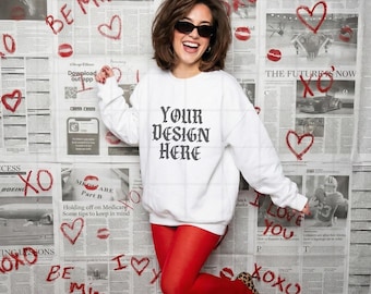 White Gildan 18000 Sweatshirt Mockup Valentines Day G18000 Lifestyle Mock up Pinterest Aesthetic Influencer Mockup Trendy Oversized Y2k G18
