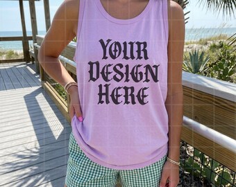 Orchid Comfort Colors 9360 Mockup Tank Top CC 9360 Lifestyle Mock Up Streetwear Pinterest Aesthetic Influencer Mockup Shirt Trendy Summer