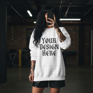 White Gildan 18000 Sweatshirt Mockup G18000 Lifestyle Mock Streetwear Mock up Pinterest Aesthetic Influencer Mockup Trendy Oversized Y2k G18