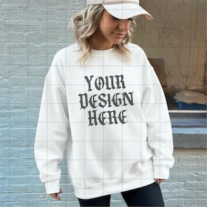 White Gildan 18000 Sweatshirt Mockup G18000 Lifestyle Mock Streetwear Mock up Pinterest Aesthetic Influencer Mockup Trendy Oversized Y2k G18