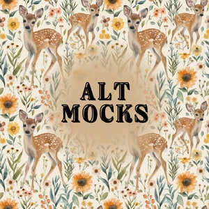 Puede incluir: Un patrón repetitivo con ilustraciones de acuarela de ciervos y flores. Los ciervos son marrones con manchas blancas, y las flores incluyen girasoles y otras flores en tonos de amarillo, naranja y rosa. El texto "ALT MOCKS" está en el centro.