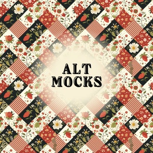 May include: A seamless pattern featuring a patchwork quilt design with red, white, and black squares. Each square is decorated with a different floral pattern, including strawberries and daisies. The text "ALT MOCKS" is superimposed on the image.