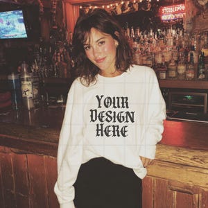 White Gildan 18000 Sweatshirt Mockup G18000 Lifestyle Mock Streetwear Mock up Pinterest Aesthetic Influencer Mockup Trendy Oversized Y2k G18