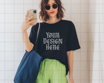Black Comfort Colors 1717 Mockup C1717 Lifestyle Mock Tshirt Streetwear Mockup Pinterest Aesthetic Influencer Mockup Trendy Y2k Summer Shirt